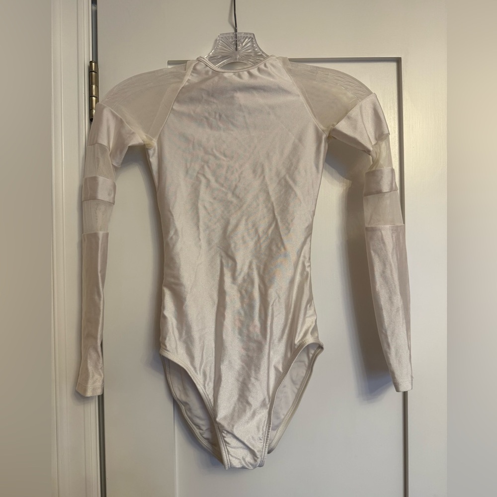 Natalie White Long Sleeve Bodysuit / Leotard – Striped Mesh Detail | Size Small